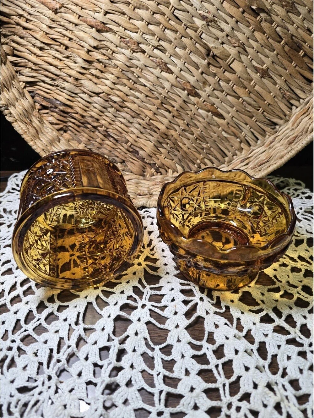 Vintage Indiana Glass 6.5” Amber Stars & Bars Fairy Lamp